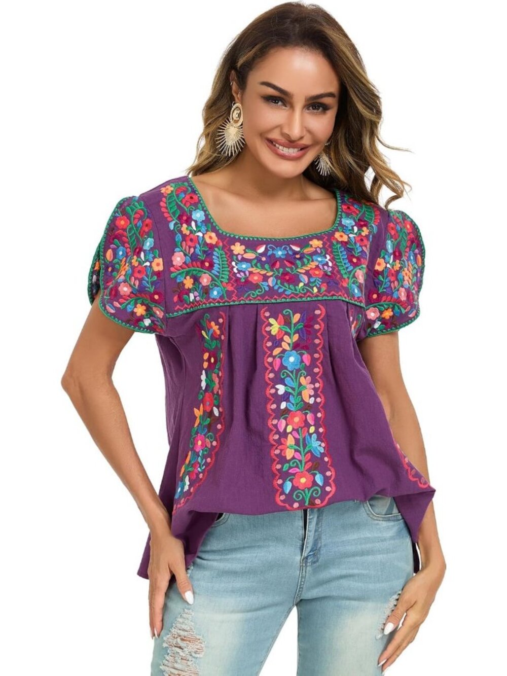 Embroidered Mexican Peasant Top for Women | Summer Tunic Blouse, Boho Style